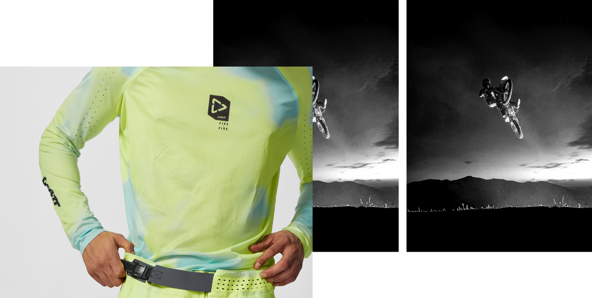 A cropped studio-style photo shows a person wearing a neon yellow-green long-sleeve performance jersey with a small black chest logo and a dark belt. Two black-and-white action panels on the right show a mountain biker mid-jump in a dark landscape.
