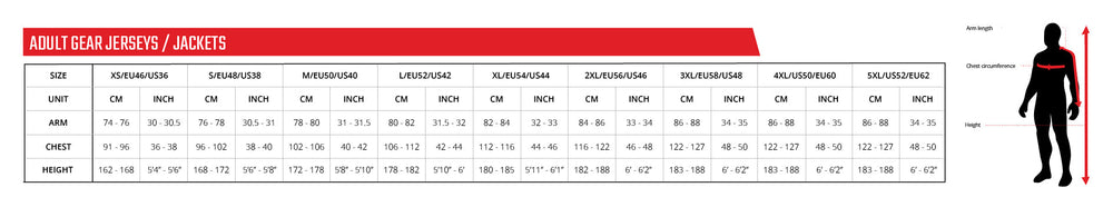 Veľkostná tabuľka Jersey Moto 5.5 UltraWeld V25