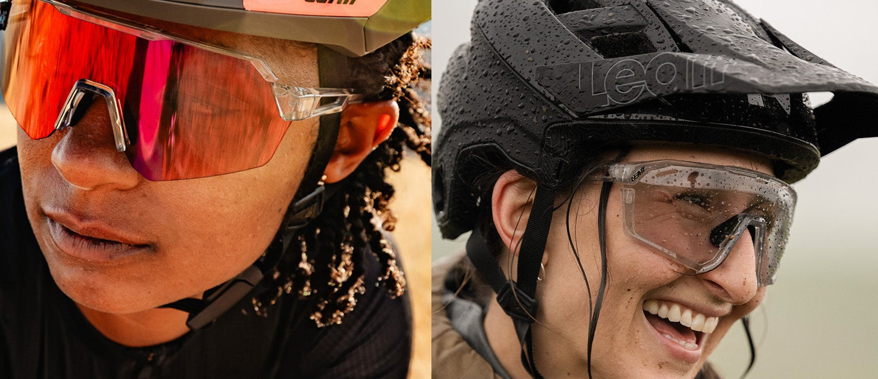 Two people wearing helmets and goggles with a blurred background